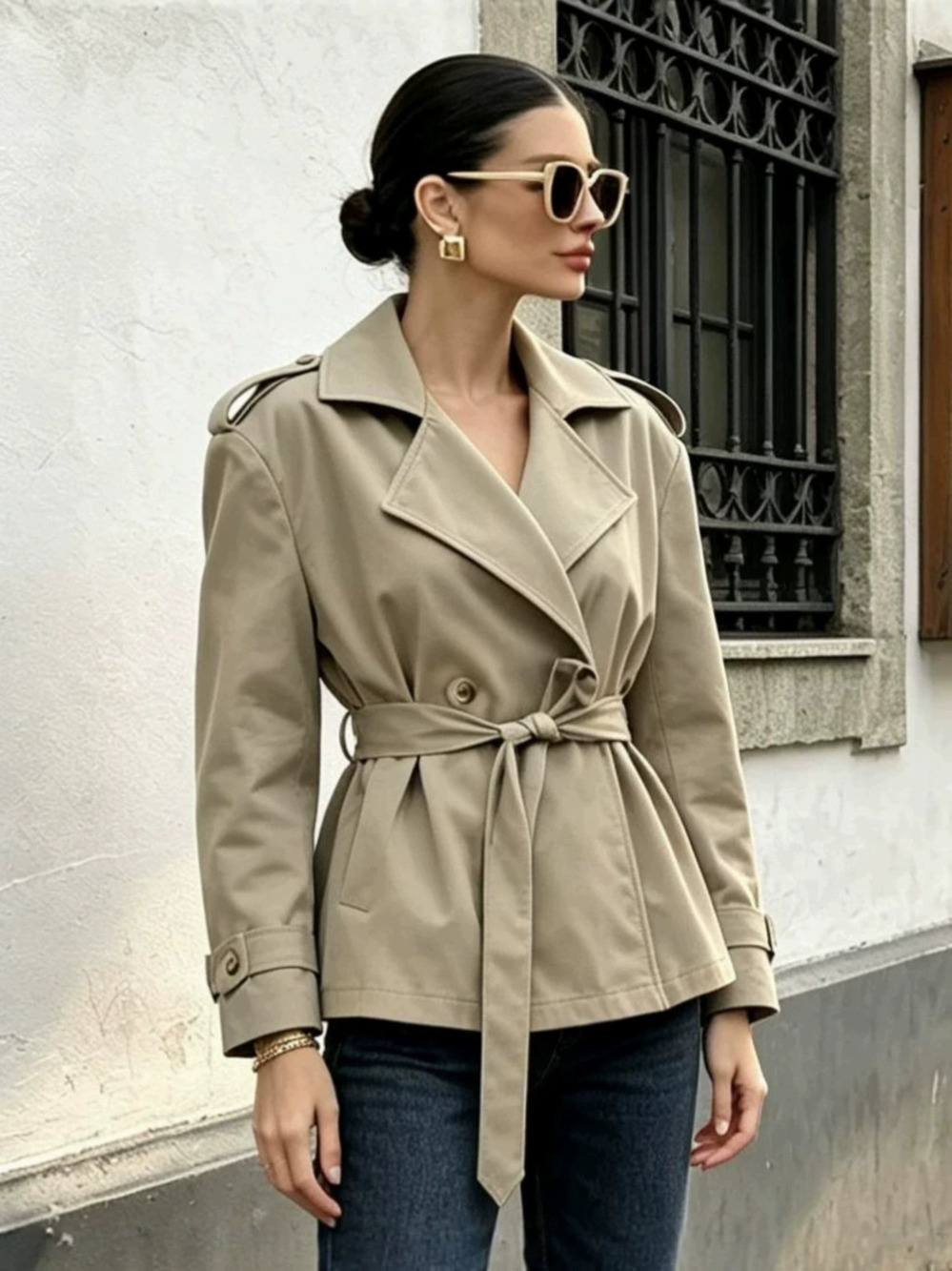 Forever 21 British Mid Length Trench Coat Autumn Khaki Double Breasted Belted
